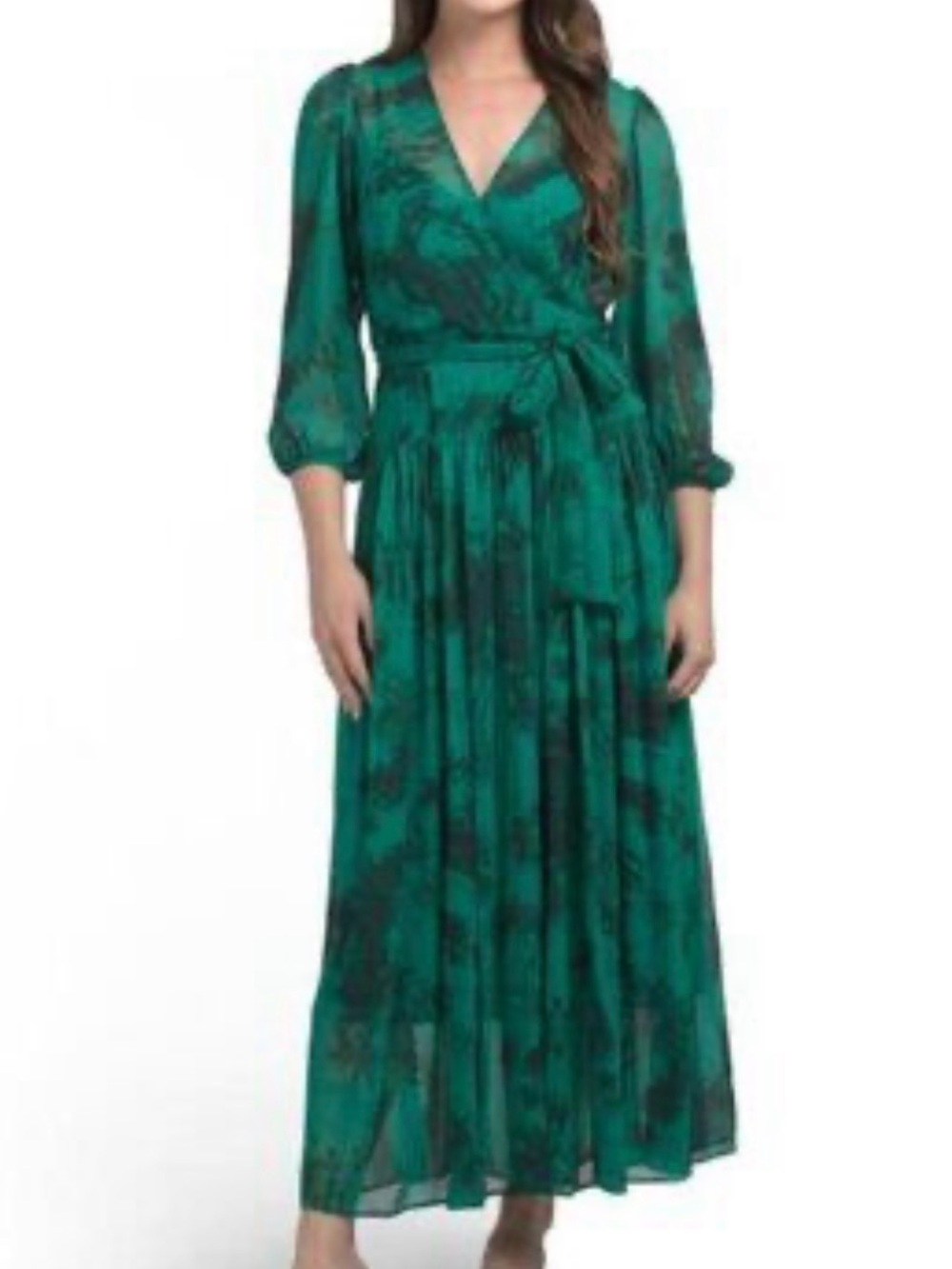 Calvin Klein Green Printed Wrap Maxi Dress with Tie Waist Size 6 Small